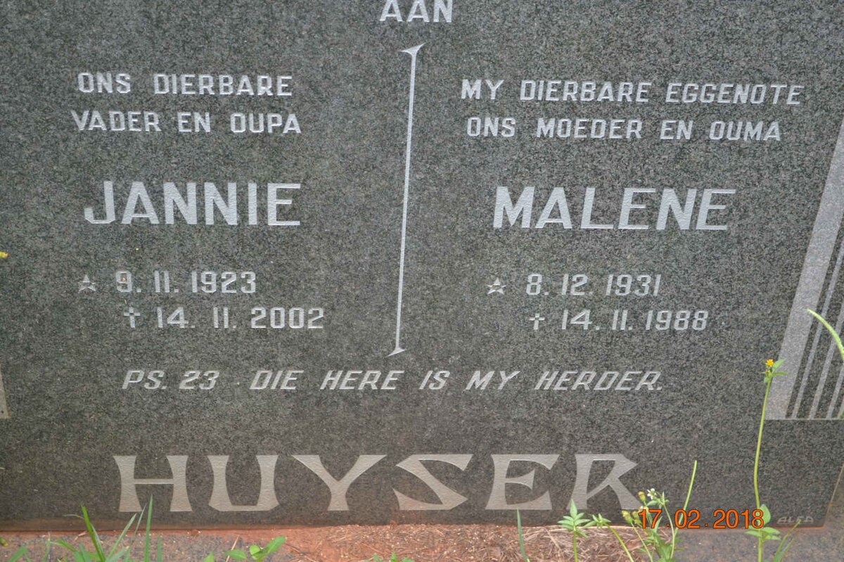 HUYSER Jannie 1923-2002 &amp; Malene 1931-1988