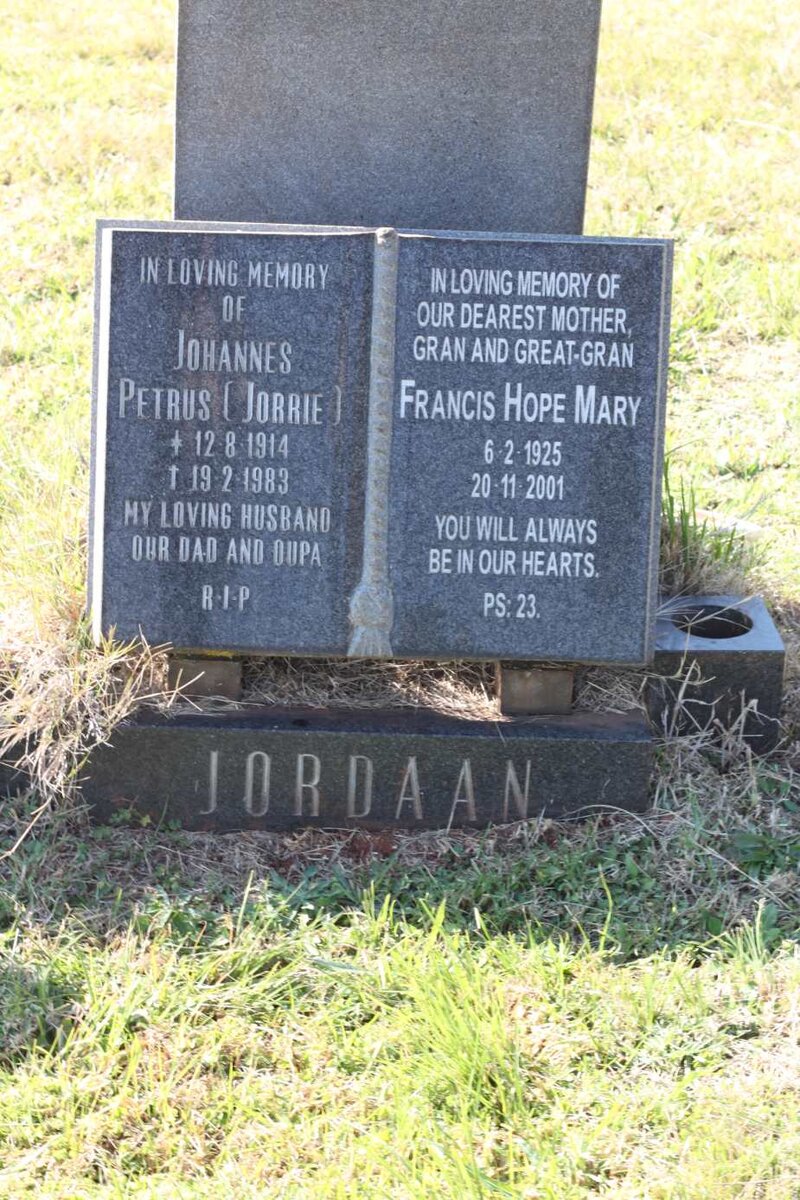 JORDAAN Johannes Petrus 1914-1983 &amp; Francis Hope Mary 1925-2001