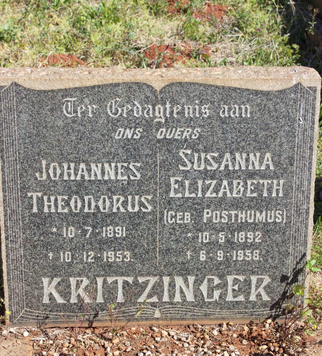 KRITZINGER Johannes Theodorus 1891-1953 &amp; Susanna Elizabeth POSTHUMUS 1892-1958