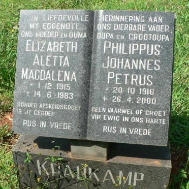 KRAUKAMP Philippus Johannes Petrus 1916-2000 &amp; Elizabeth Aletta Magdalena 1915-1983