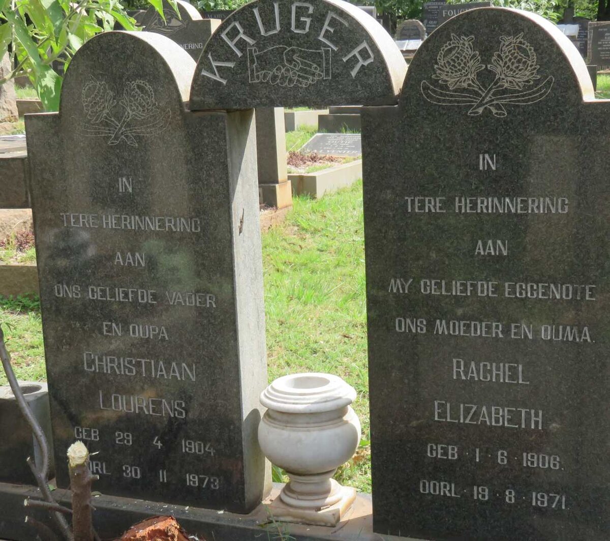 KRUGER Christiaan Lourens 1904-1973 &amp; Rachel Elizabeth 1906-1971
