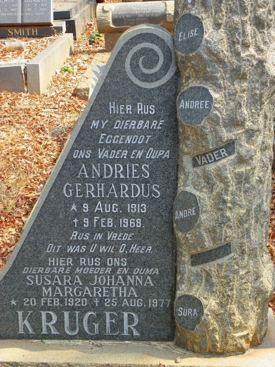 KRUGER Andries Gerhardus 1913-1968 &amp; Susara Johanna Margaretha VAN STADEN 1920-1977
