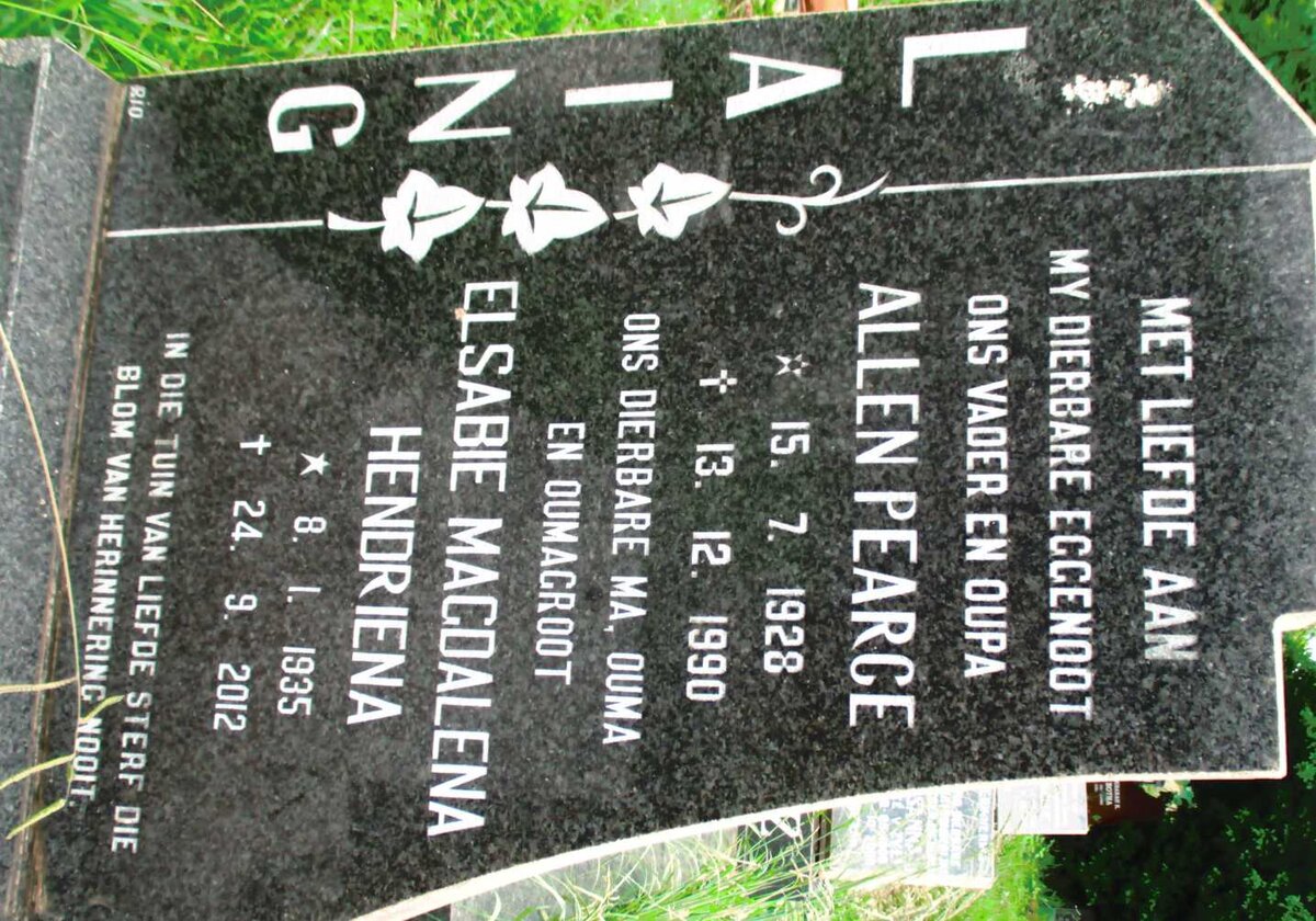 LAING Allen Pearce 1928-1990 &amp; Elsabie Magdalena Hendriena 1935-2012