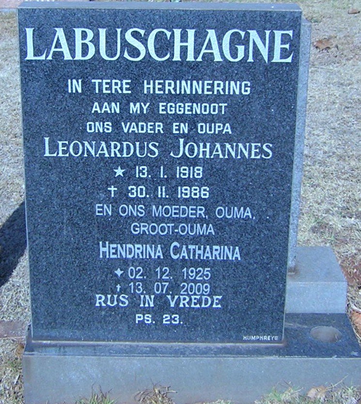 LABUSCHAGNE Leonardus Johannes 1918-1986 &amp; Hendrina Catharina 1925-2009