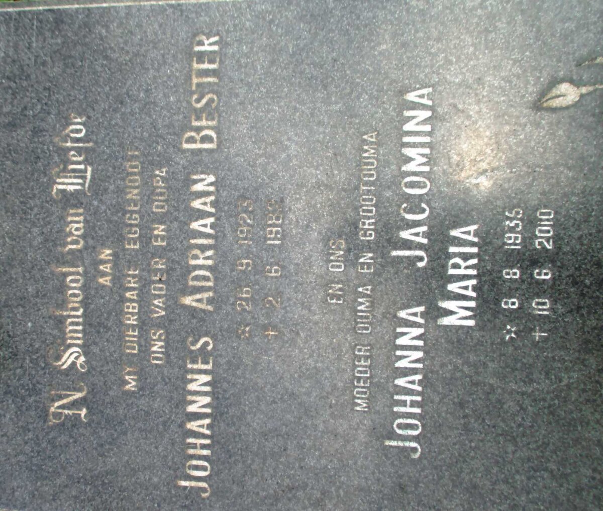 LOURENS Johannes Adriaan Bester 1923-1982 &amp; Johanna Jacomina Maria 1935-2010