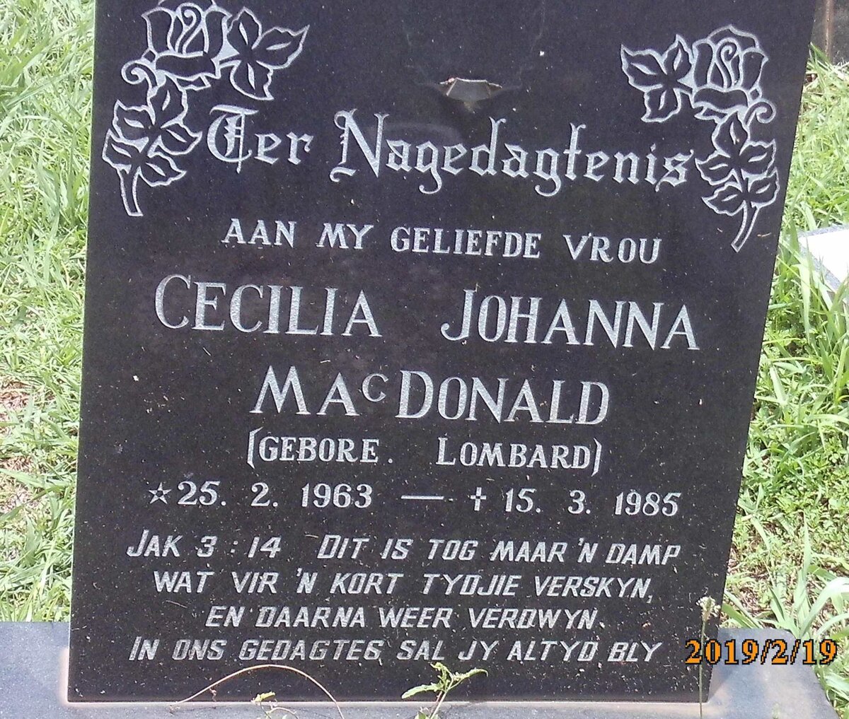MacDONALD Cecilia Johanna nee LOMBARD 1963-1985