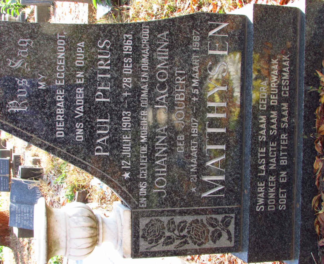 MATTHYSEN Paul Petrus 1903-1963 &amp; Johanna Jacomina JOUBERT 1907-1987
