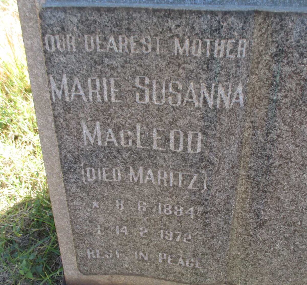 MARITZ Marie Susanna nee MACLEOD 1894-1972