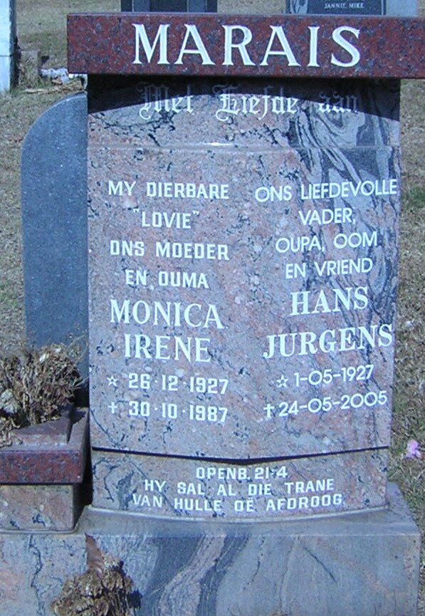 MARAIS Hans Jurgens 1927-2005 &amp; Monica Irene 1927-1987