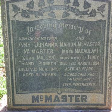 McMASTER Amy Johanna nee MILLER -1943 :: McMASTER Marion nee MACAULAY -1954