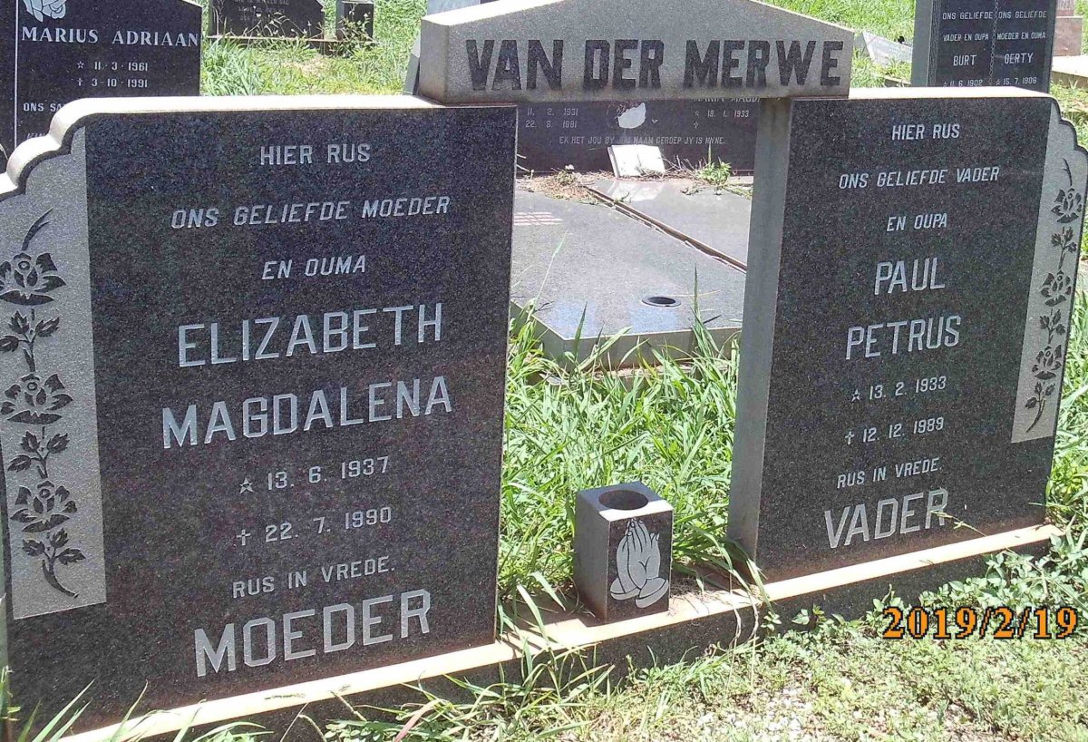 MERWE Paul Petrus, van der 1933-1989 &amp; Elizabeth Magdalena 1937-1990