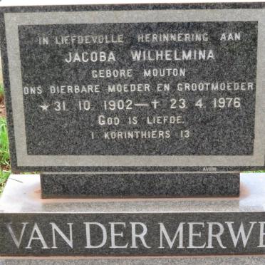 MERWE Jacoba Wilhelmina, van der nee MOUTON 1902-1976