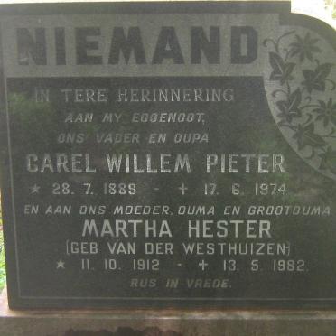 NIEMAND Carel Willem Pieter 1889-1974 &amp; Martha Hester VAN DER WESTHUIZEN 1912-1982