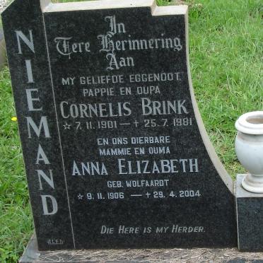 NIEMAND Cornelis Brink 1901-1981 &amp; Anna Elizabeth WOLFAARDT 1906-2004