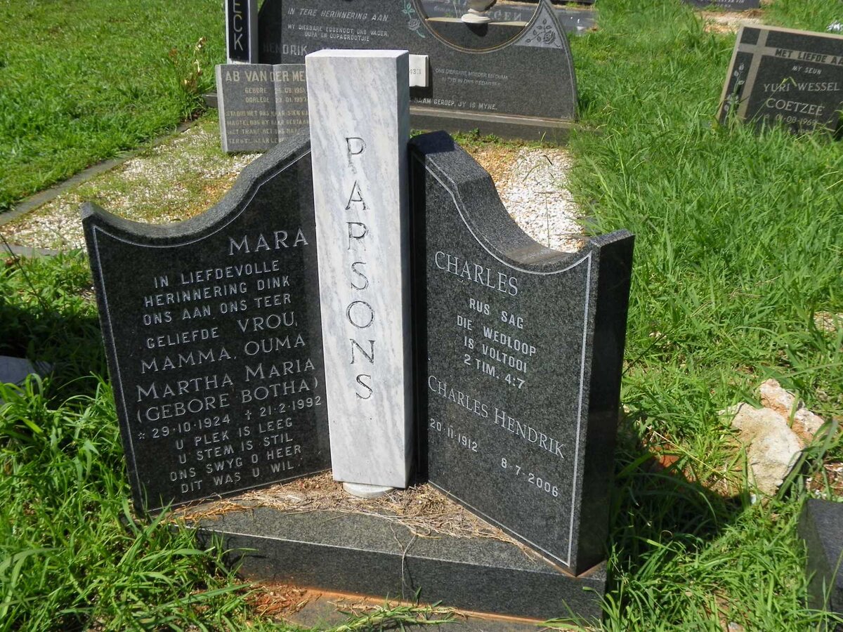 PARSONS Charles  Hendrik 1912-2006 &amp; Martha Maria BOTHA 1924-1992