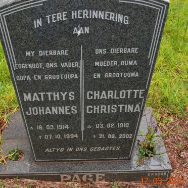 PAGE Matthys Johannes 1914-1994 &amp; Charlotte Christina 1918-2002