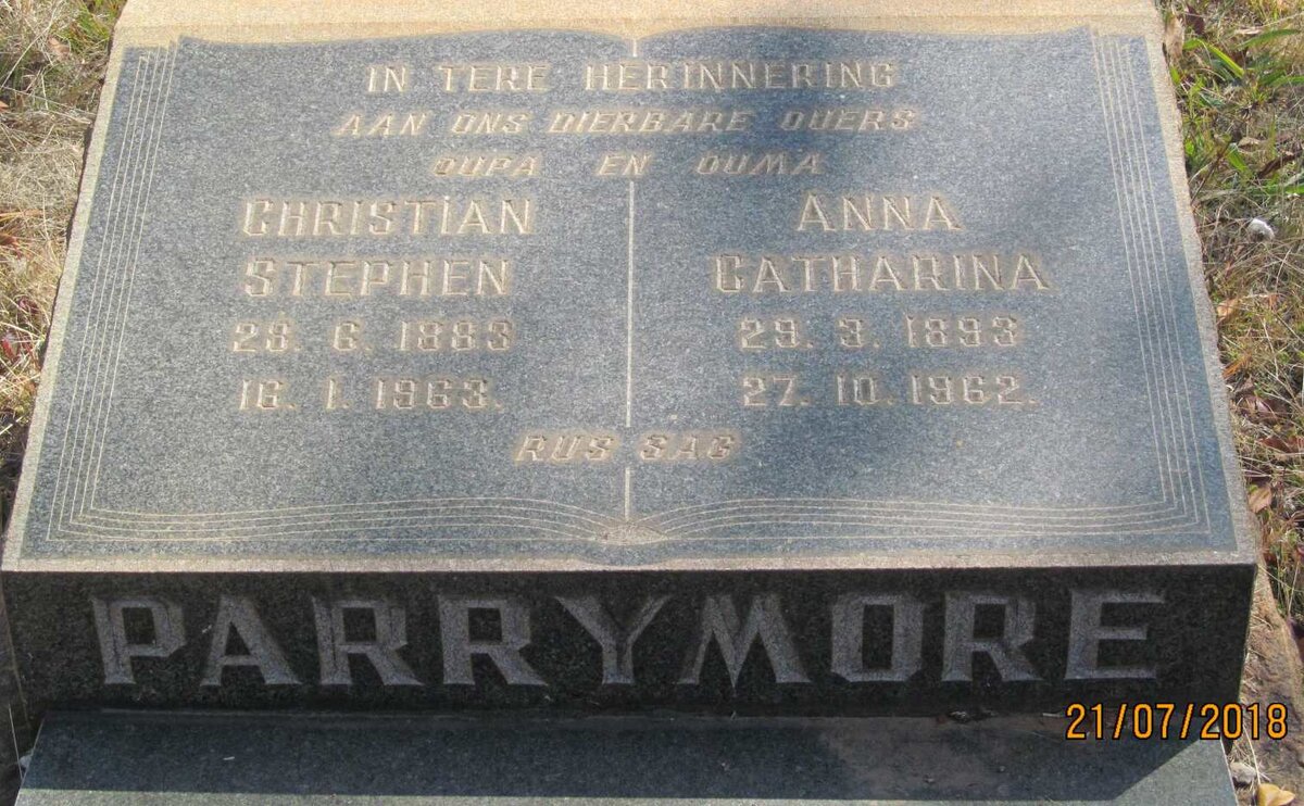 PARRYMORE Christian Stephen 1883-1963 &amp; Anna Catharina 1893-1962