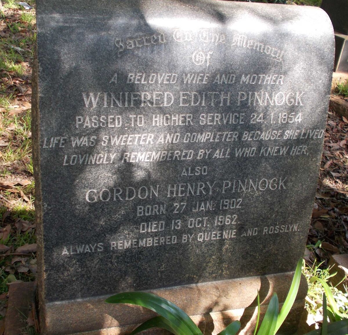 PINNOCK Gordon Henry 1902-1962 &amp; Winifred Edith -1954