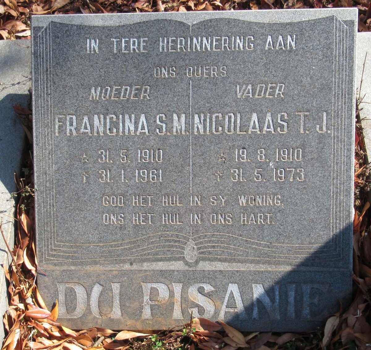 PISANIE Nicolaas T.J., du 1910-1973 &amp; Francina S.M. 1910-1961