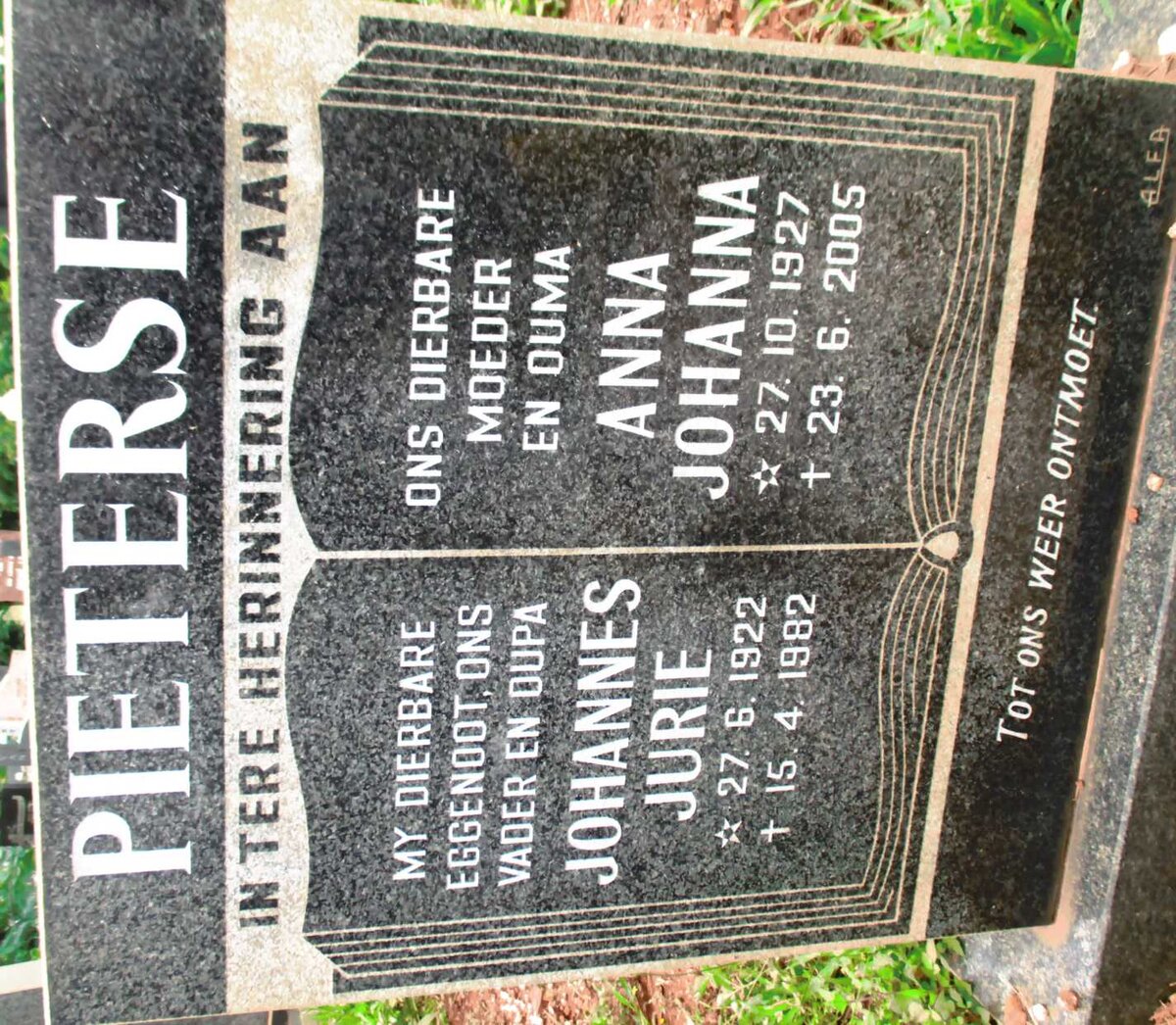 PIETERSE Johannes Jurie 1922-1982 &amp; Anna Johanna 1927-2005