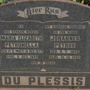 PLESSIS Johannes Petrus, du 1865-1955 &amp; Maria Elizabeth Petronella V.D. WALT 1877-1959