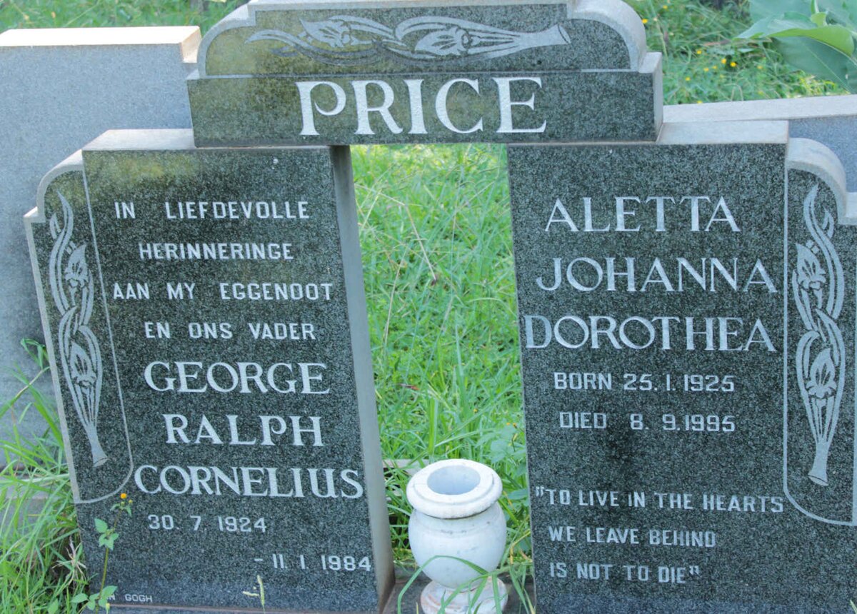 PRICE George Ralph Cornelius 1924-1984 &amp; Aletta Johanna Dorothea 1925-1995