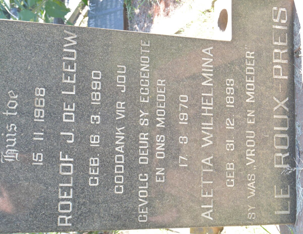 PREIS Roelof J. de Leeuw, LE ROUX 1890-1968 &amp; Aletta Wilhelmina 1893-1970