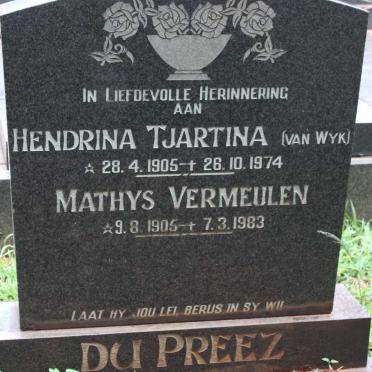 PREEZ Mathys Vermeulen, du 1905-1983 &amp; Hendrina Tjartina VAN WYK 1905-1974
