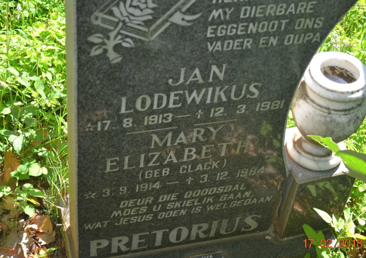 PRETORIUS Jan Lodewikus 1913-1981 &amp; Mary Elizabeth CLACK 1914-1984