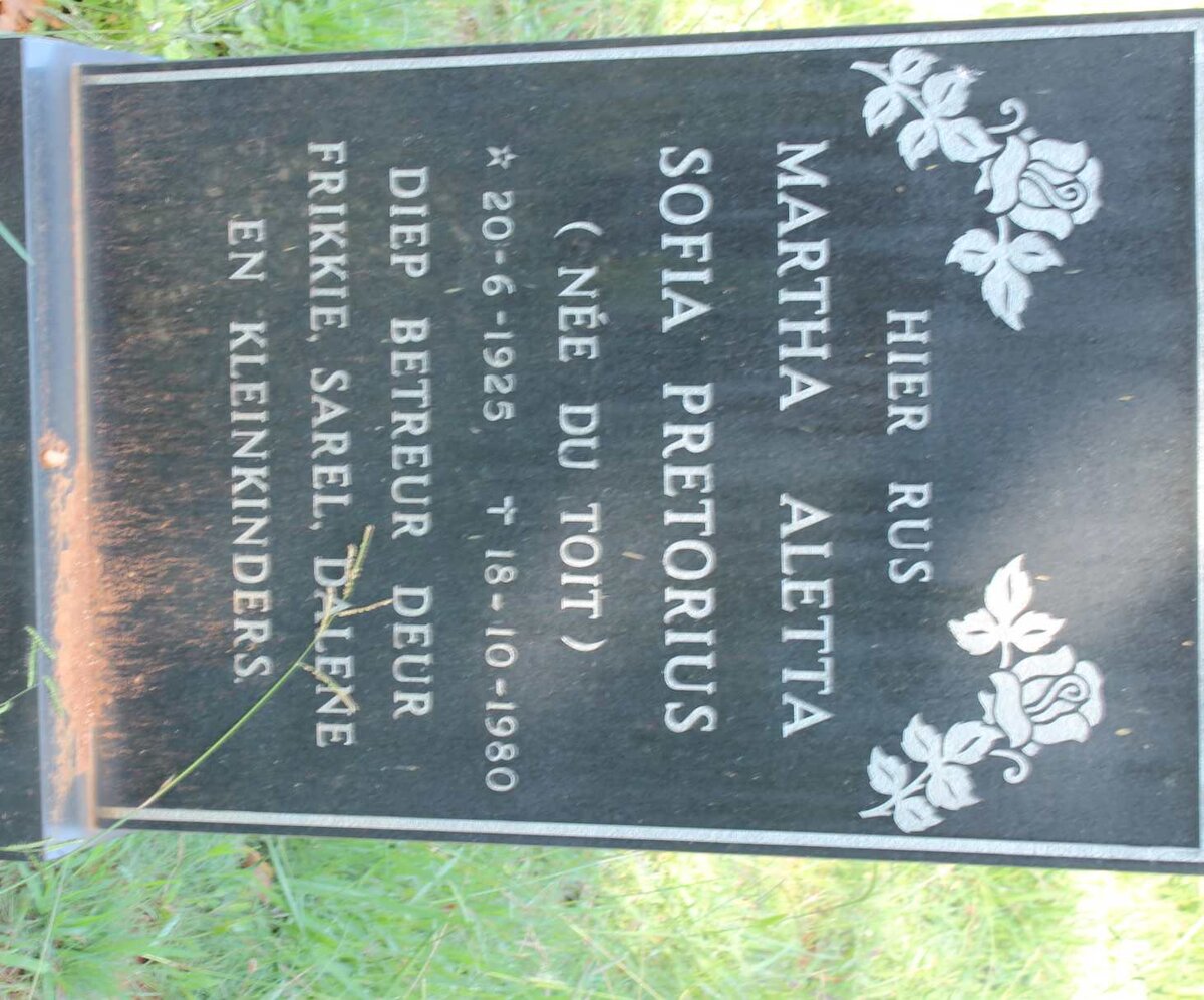 PRETORIUS Martha Aletta Sofia nee DU TOIT 1925-1980