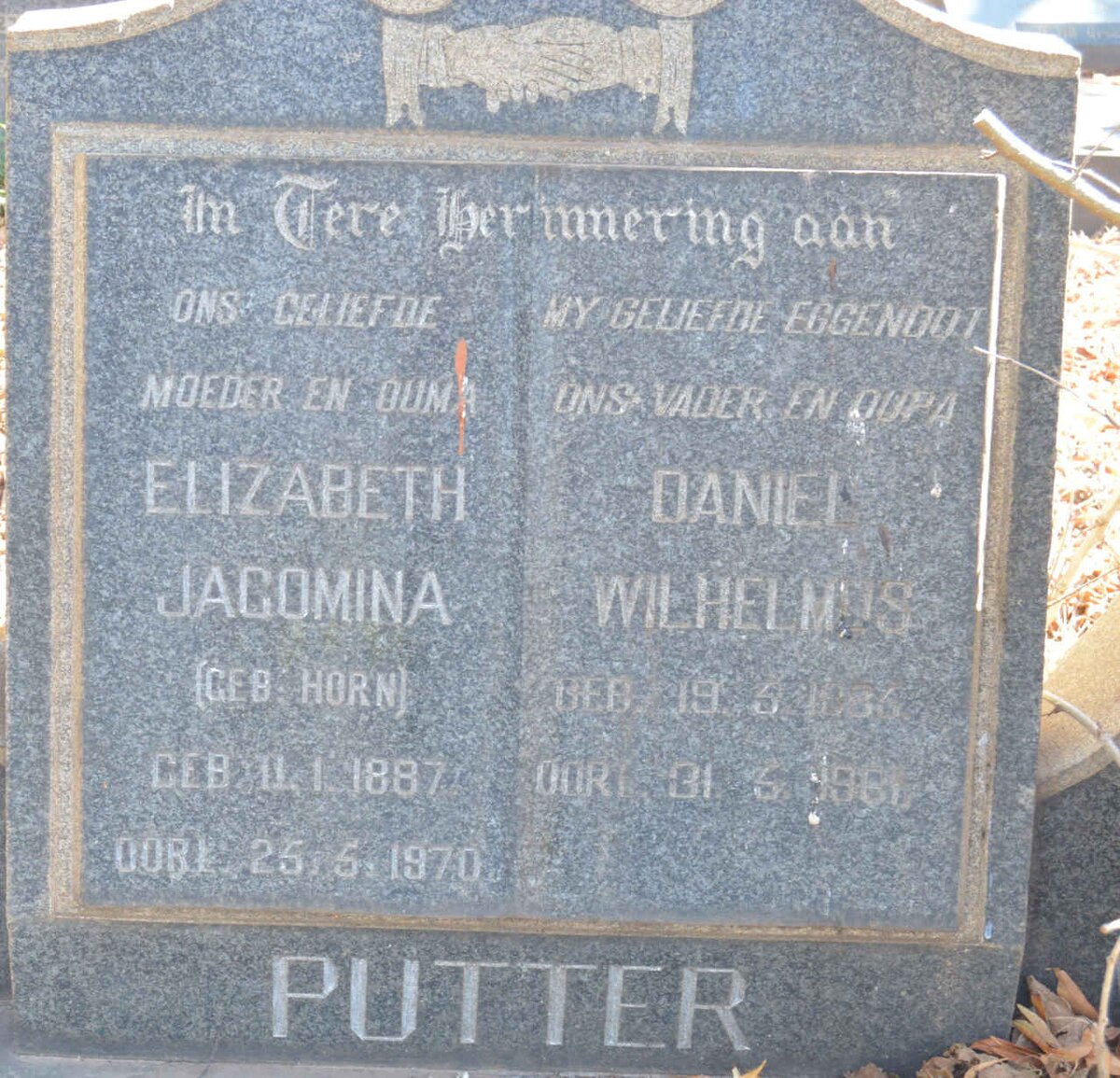 PUTTER Daniel Wilhemus 1885-1961 &amp; Elizabeth Jacomina HORN 1887-1970