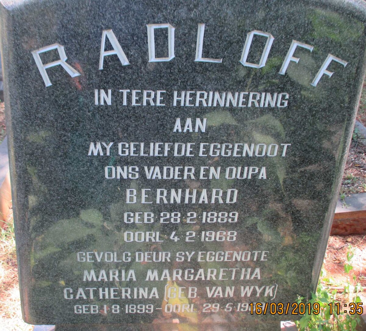 RADLOFF Bernhard 1889-1968 &amp; Maria Margaretha Catherina VAN WYK 1899-19??