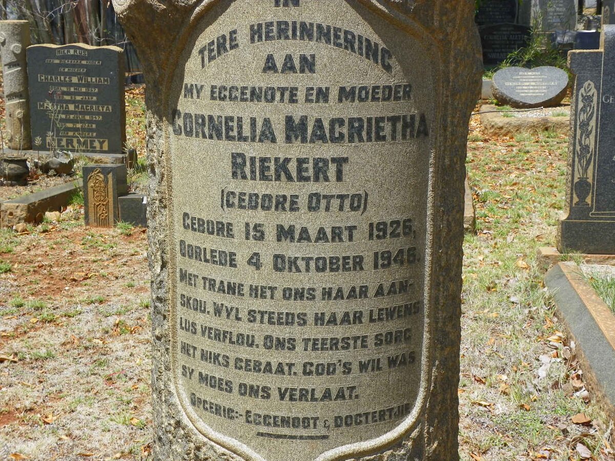RIEKERT Cornelia Magrietha nee OTTO 1926-1946