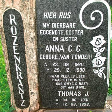 ROZENKRANTZ Thomas J. 1931-1998 &amp; Anna C.C. VAN TONDER 1941-1990