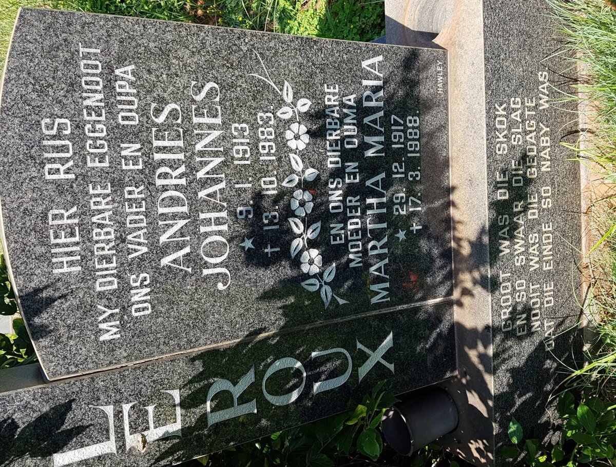 ROUX Andries Johannes, le 1913-1983 &amp; Martha Maria 1917-1988