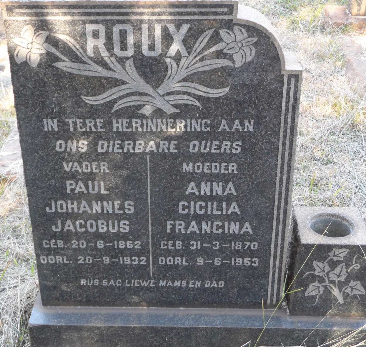ROUX Paul Johannes Jacobus 1862-1932 &amp; Anna Cicilia Francina 1870-1953
