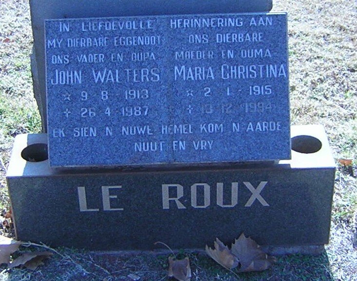 ROUX John Walters, le 1913-1987 &amp; Maria Christina 1915-1994