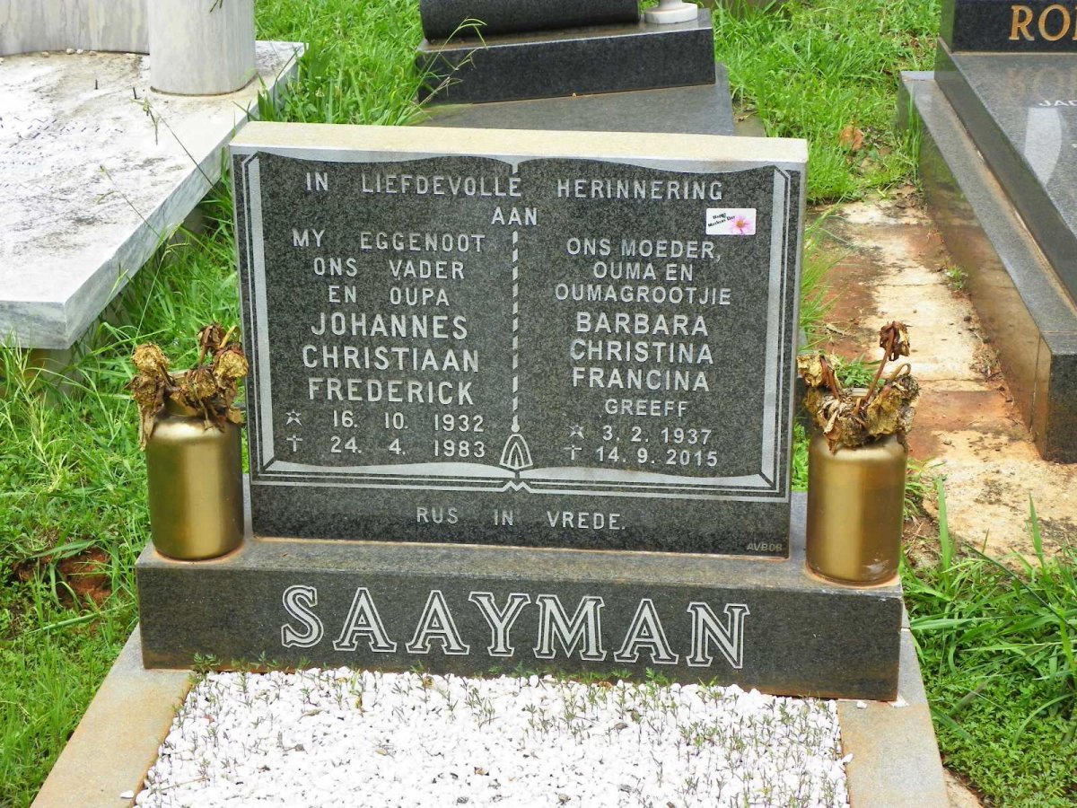 SAAYMAN Johannes Christiaan Frederick 1932-1983 &amp; Barbara Christina Francina GREEFF 1937-2015
