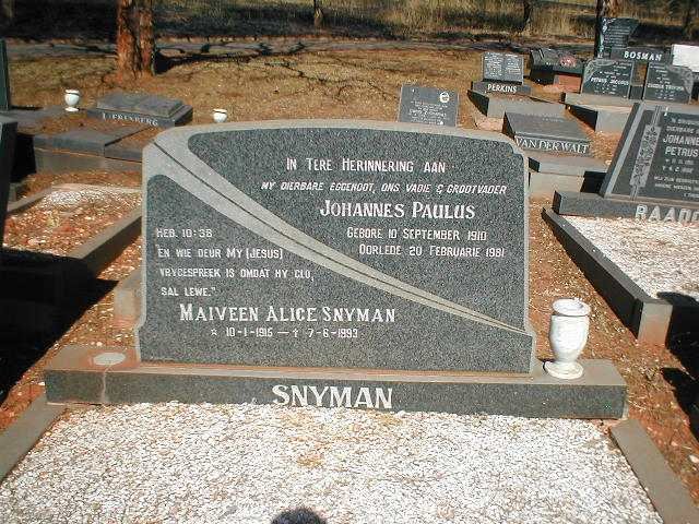 SNYMAN Johannes Paulus 1910-1981 &amp; Maiveen Alice 1915-1993