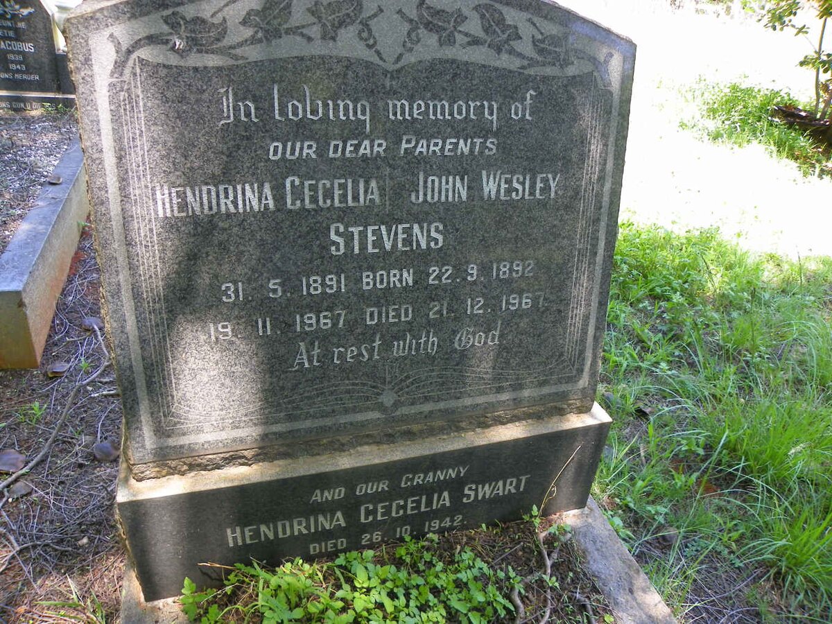 STEVENS John Wesley 1892-1967 &amp; Hendrina Cecelia 1891-1967 :: SWART Hendrina Cecelia -1942