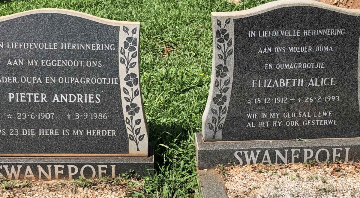 SWANEPOEL Pieter Andries 1907-1986 &amp; Elizabeth Alice 1912-1993