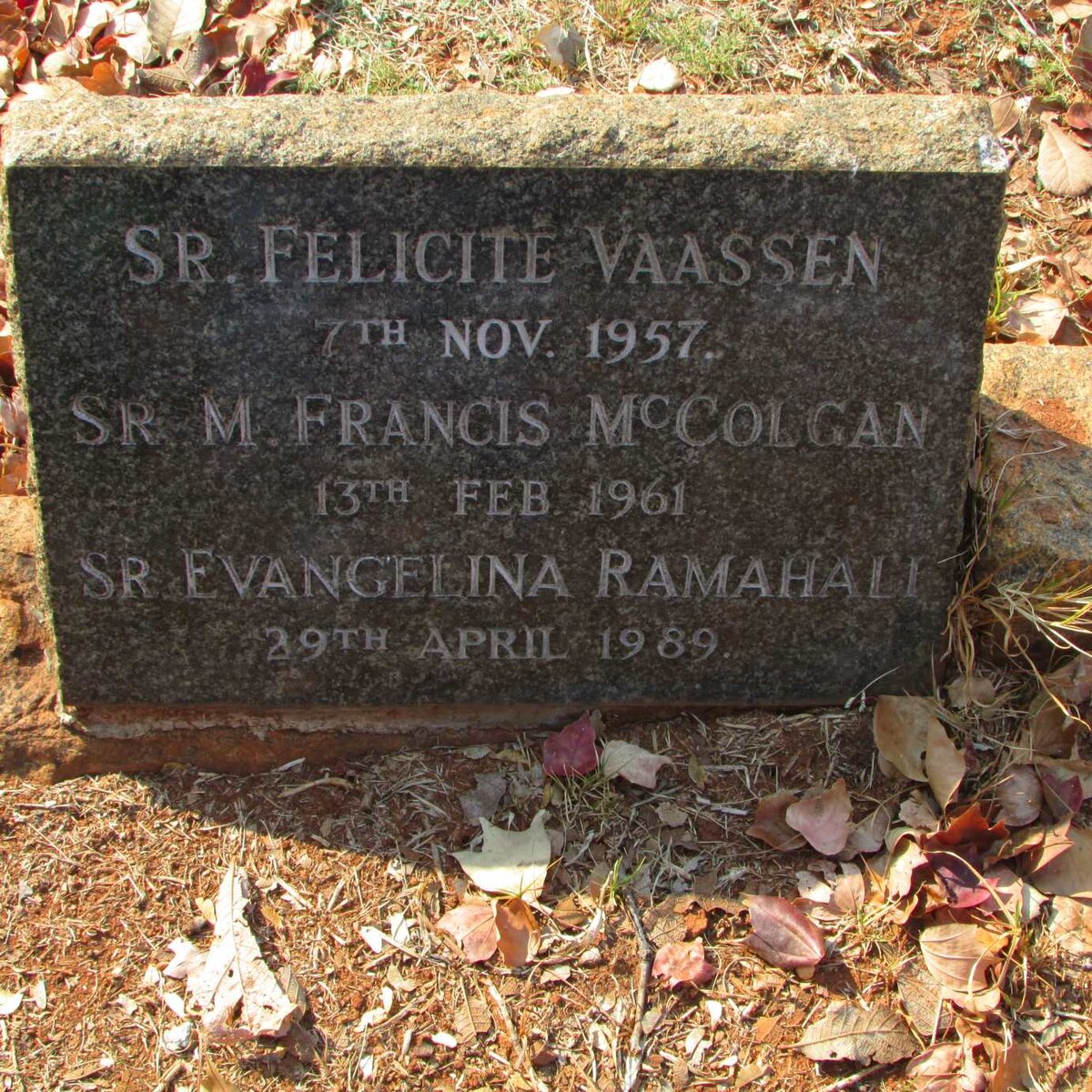 VAASSEN Felicite -1957 :: McCOLGAN M. Francis -1961 :: RAMAHALI Evangelina -1989