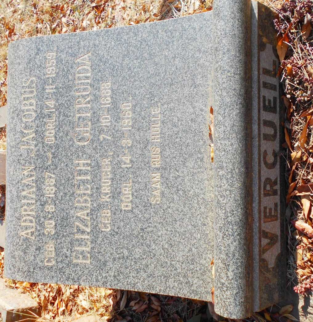 VERCUEIL Adriaan Jacobus 1887-1959 &amp; Elizabeth Getruida KRUGER 1888-1960