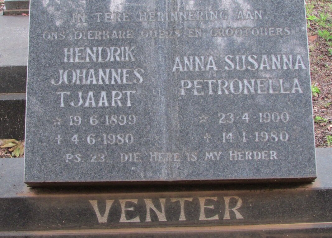 VENTER Hendrik Johannes Tjaart 1899-1980 &amp; Anna Susanna Petronella 1900-1980