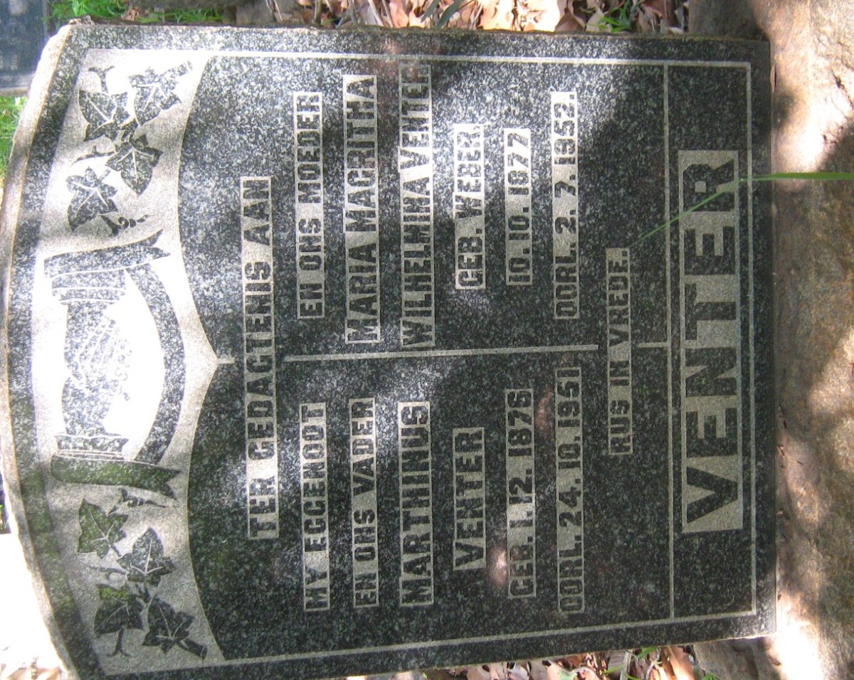 VENTER Marthinus 1876-1951 &amp; Maria Magritha Wilhelmina WEBER 1877-1952