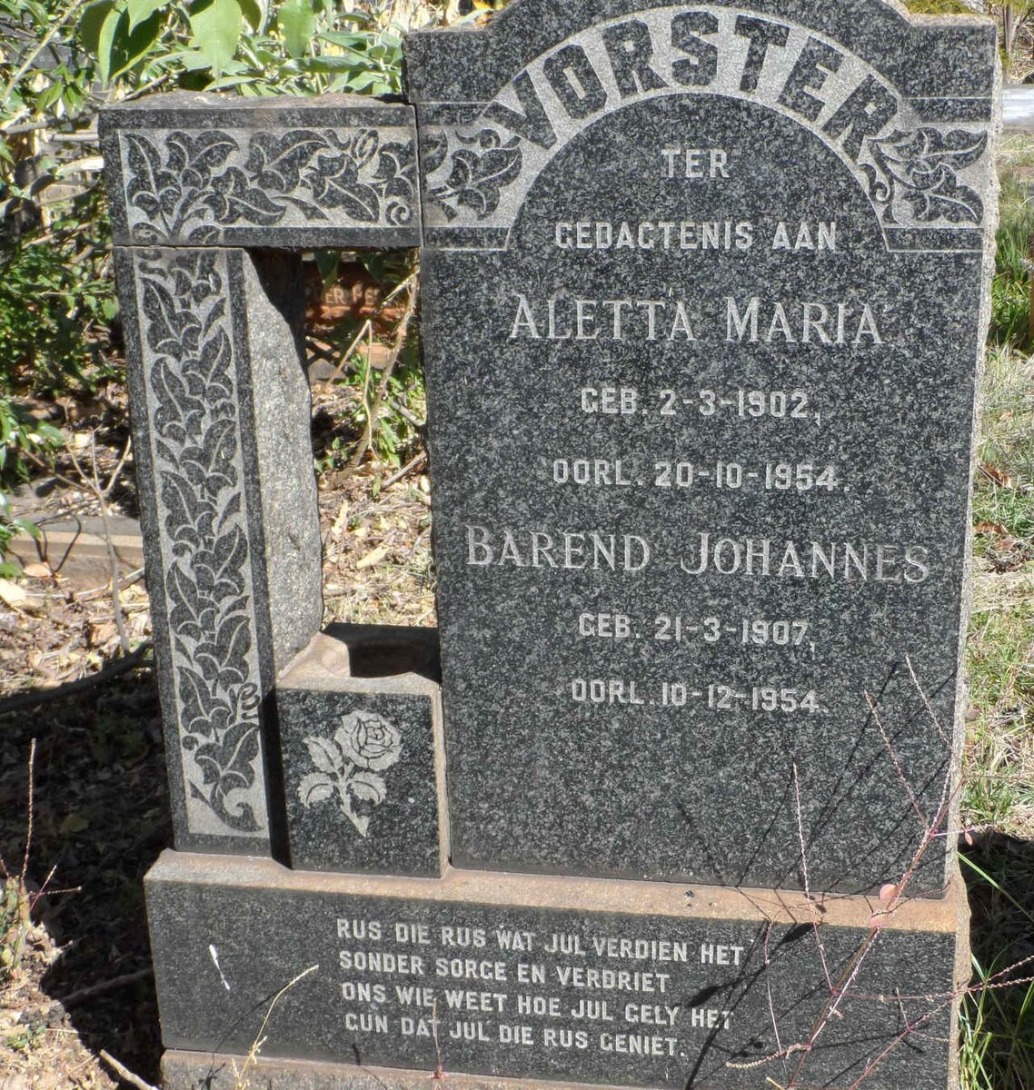 VORSTER Barend Johannes 1907-1954 &amp; Aletta Maria 1902-1954