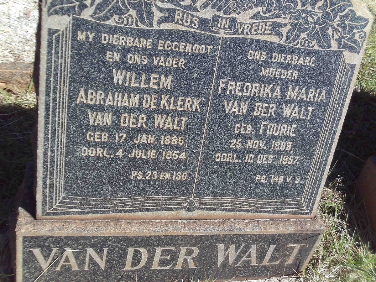 WALT Willem Abraham de Klerk, van der 1886-1954 &amp; Fredrika Maria FOURIE 1888-1957