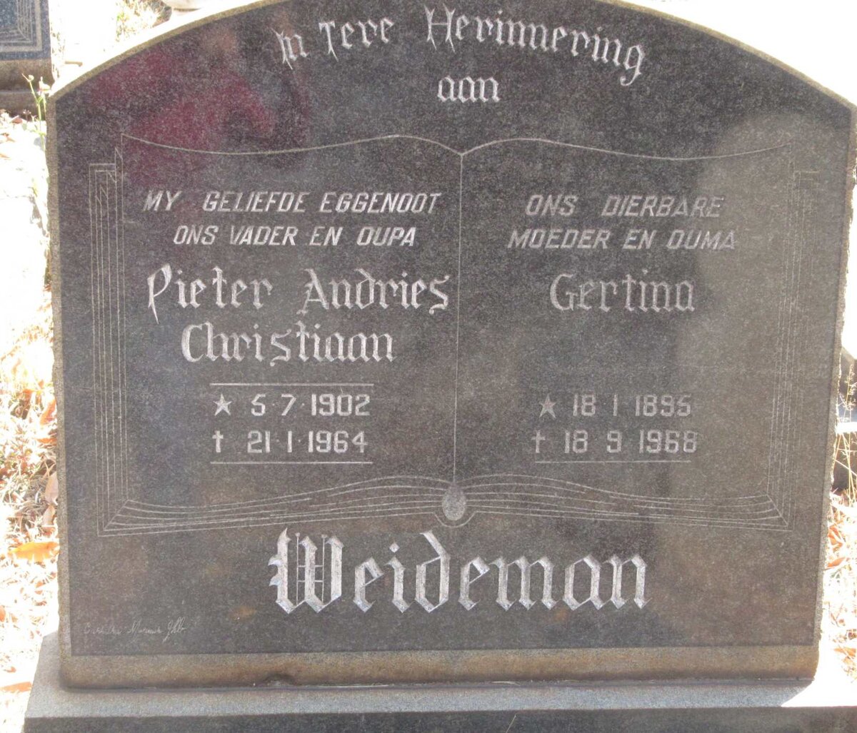 WEIDEMAN Pieter Andries Christiaan 1902-1964 &amp; Gertina 1895-1968