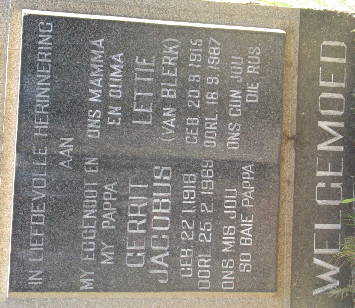 WELGEMOED Gerrit Jacobus 1918-1969 &amp; Lettie VAN BLERK 1915-1987