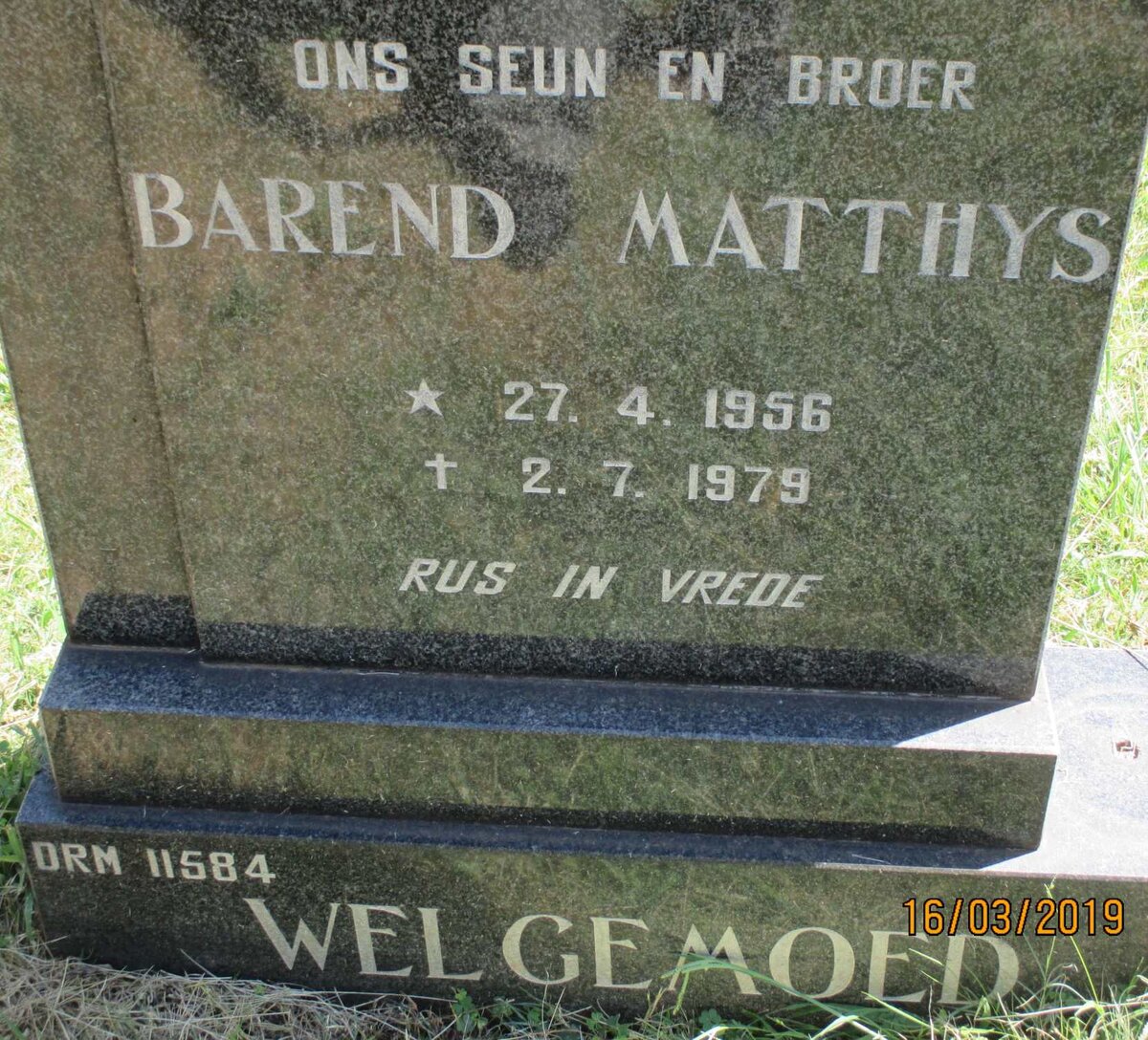 WELGEMOED Barend Matthys 1956-1979